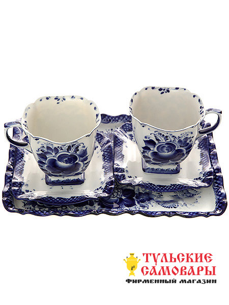 Набор для чая на 2 персоны Гжель "Бодрое утро" фото 1 — Samovars.ru