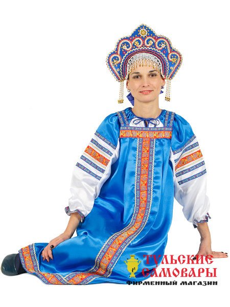 Русский народный костюм "Василиса" для женщины атласный комплект васильковый сарафан и блузка, XS-L фото 1 — Samovars.ru