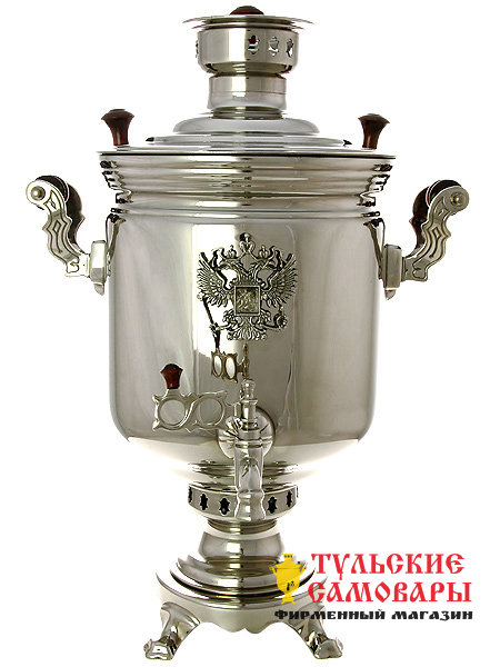 Угольный самовар 5 л цилиндр никелированный с накладным Гербом РФ фото 1 — Samovars.ru