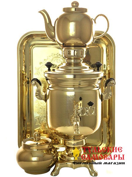Набор самовар электрический 3 литра желтый цилиндр с автоотключением "Золото", арт. 120304к фото 1 — Samovars.ru