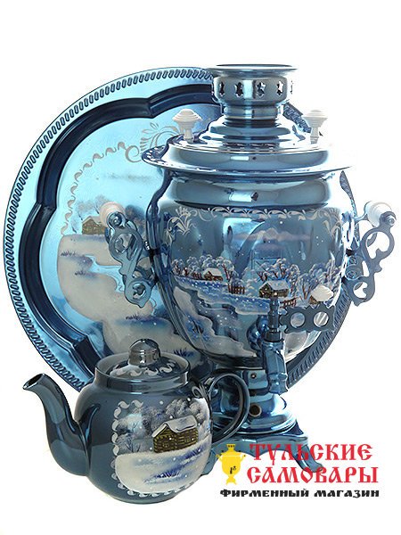 Набор самовар электрический 3 литра с художественной росписью "Зимний вечер" с автоматическим отключением при закипании, арт. 155648а фото 1 — Samovars.ru
